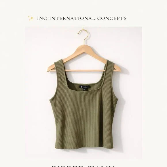 INC International Concepts Olive Green Ribbed Tank Top XL Stretch Square Neck - Picture 1 of 7